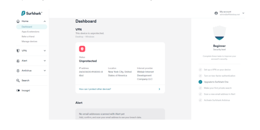 Log in to the Surfshark dashboard
